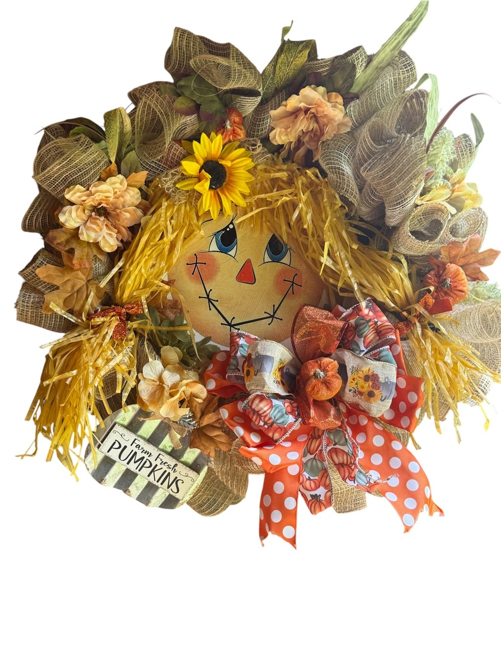 Festive Yellow Scarecrow Fall Wreath - Home Holiday Decor
